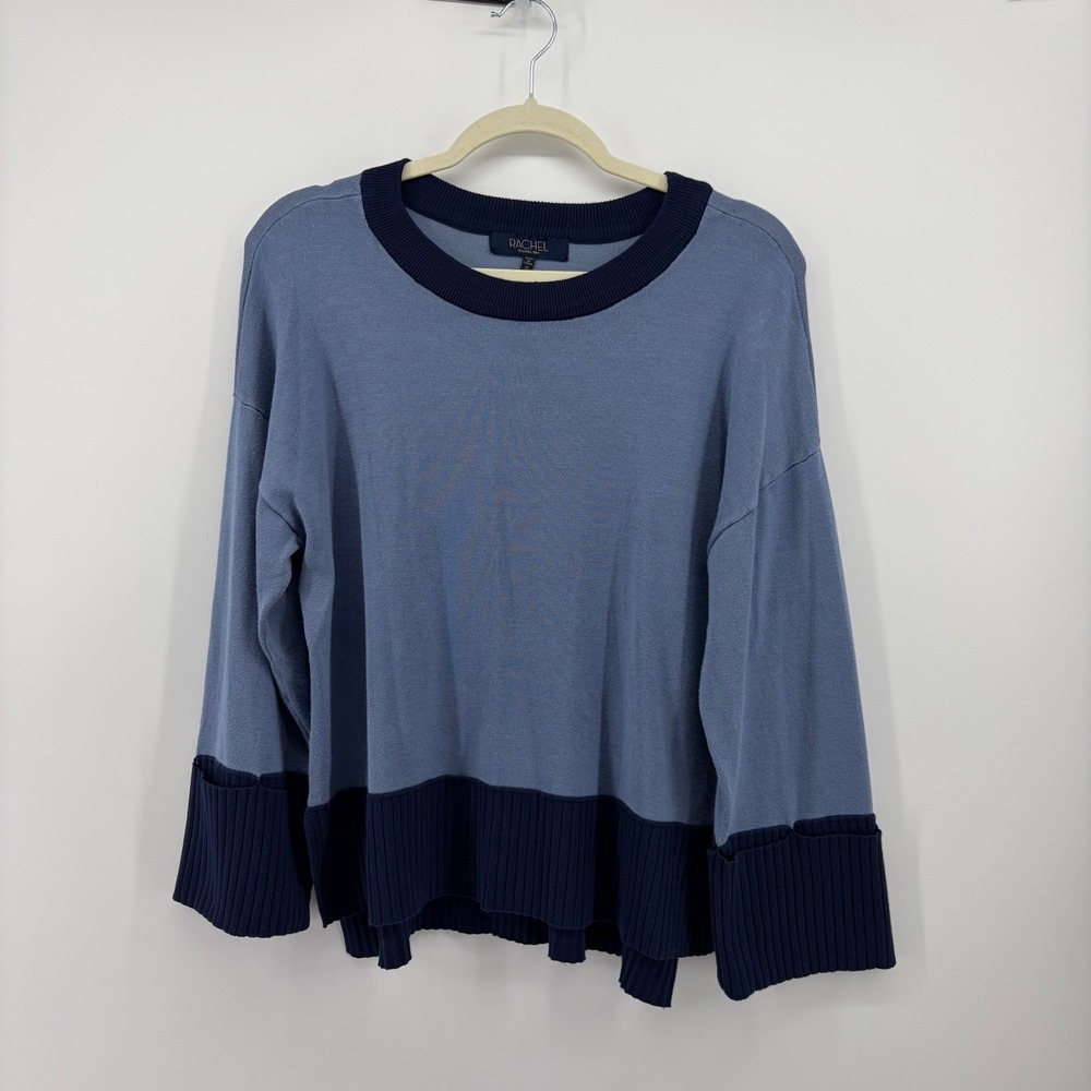 Rachel Rachel Roy Womens M Blue Pullover Colorblock Ribbed High-Low Sweater
